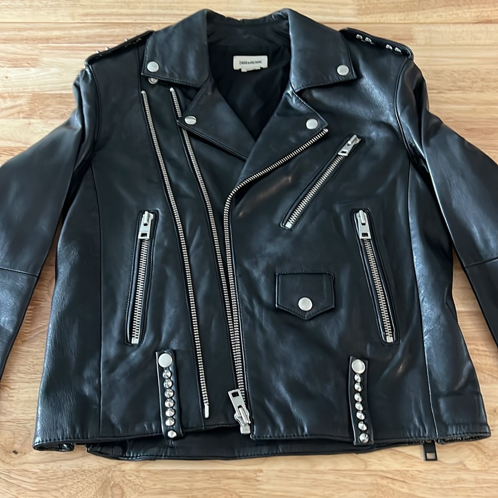 Zadig & Voltaire Studs Lambskin Black Leather Biker Jacket - Size M - Picture 5 of 9